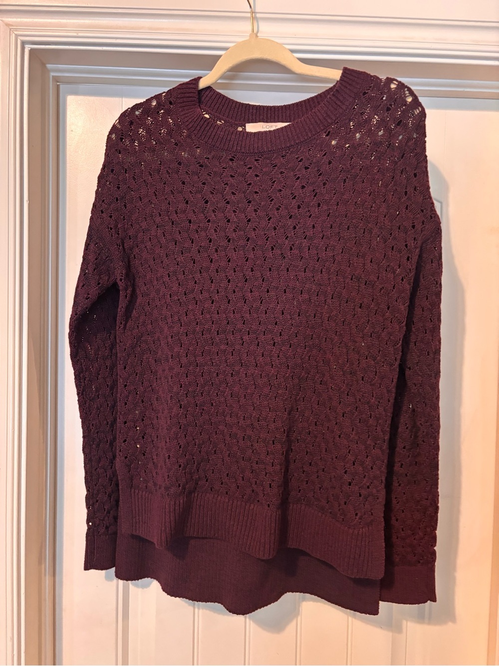 LOFT Open-Knit Crewneck Sweater in Wine